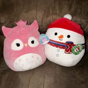 Squishmallows Pink Owl & White Snowman Holiday Plush Set
